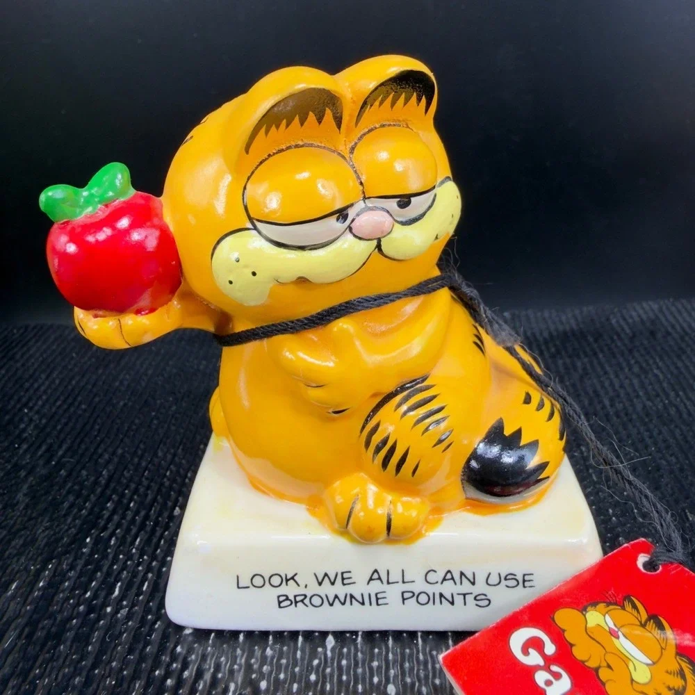 Vintage Garfield Enesco Ceramic Figurine Brownie Points Apple 1981 Japan Tag‎